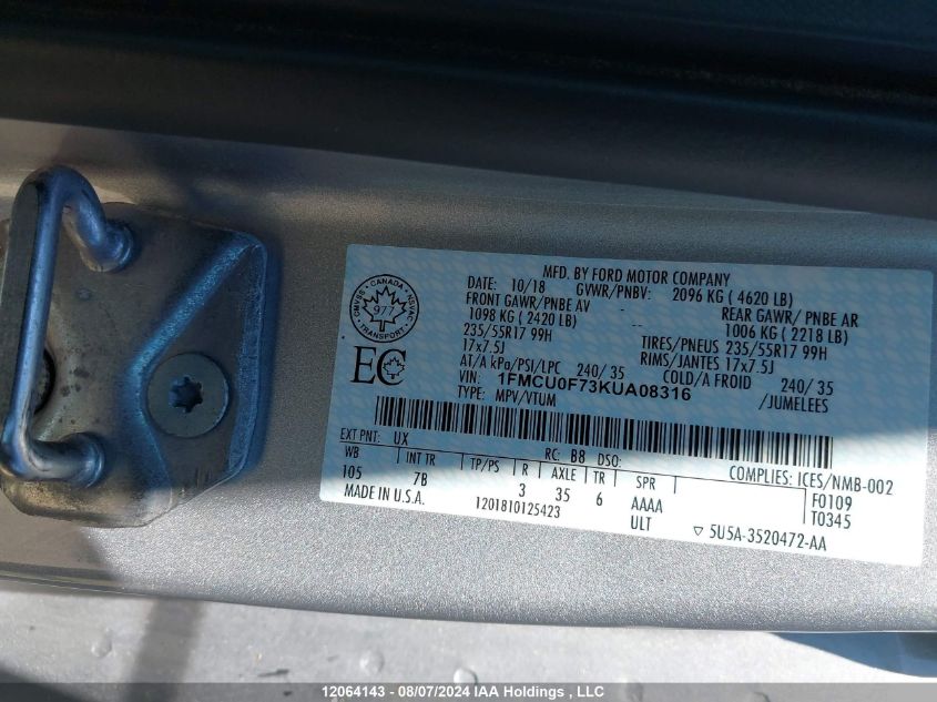 2019 Ford Escape S VIN: 1FMCU0F73KUA08316 Lot: 12064143