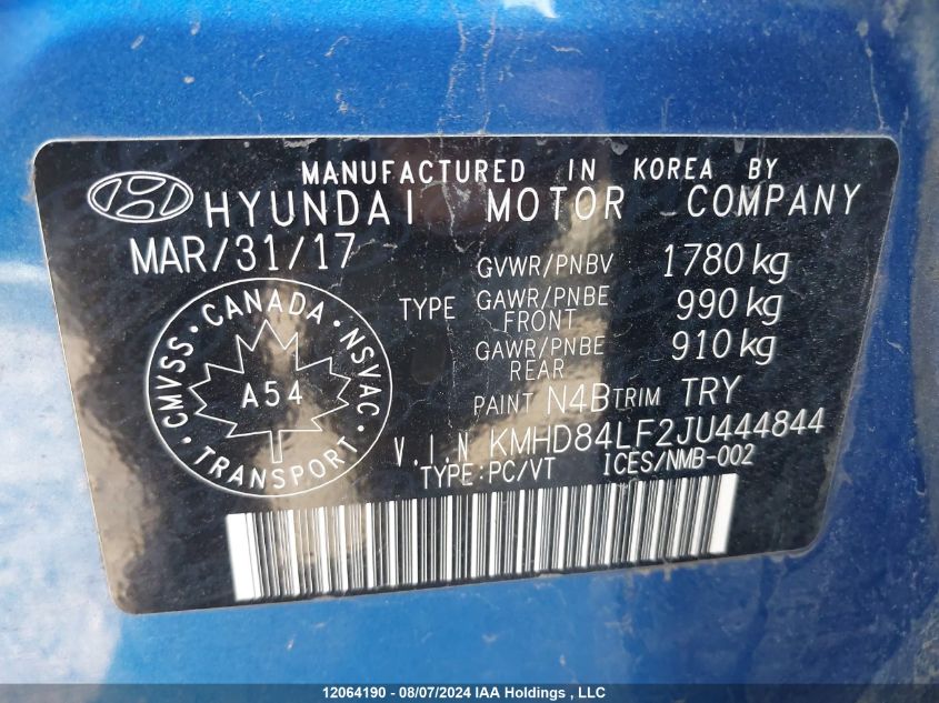 2018 Hyundai Elantra Gl VIN: KMHD84LF2JU444844 Lot: 12064190