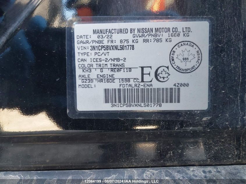 2022 Nissan Kicks VIN: 3N1CP5BVXNL501778 Lot: 12064199