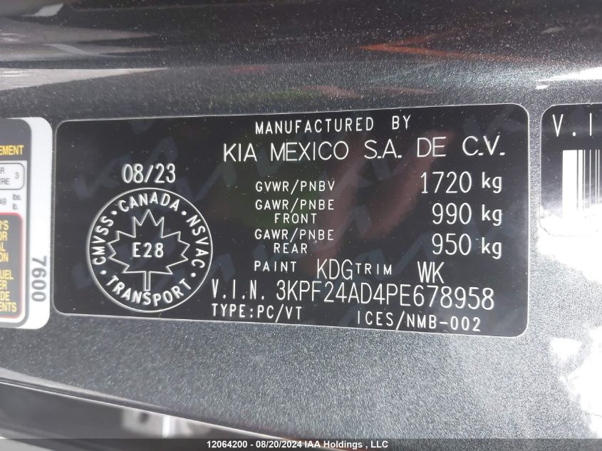 2023 Kia Forte Lx/Lxs VIN: 3KPF24AD4PE678958 Lot: 12064200