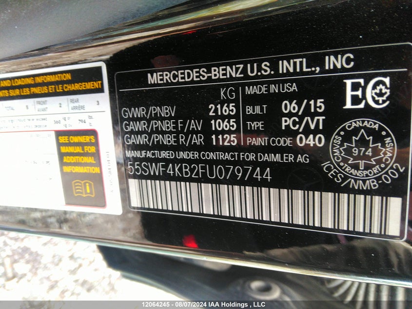 2015 Mercedes-Benz C-Class VIN: 55SWF4KB2FU079744 Lot: 12064245