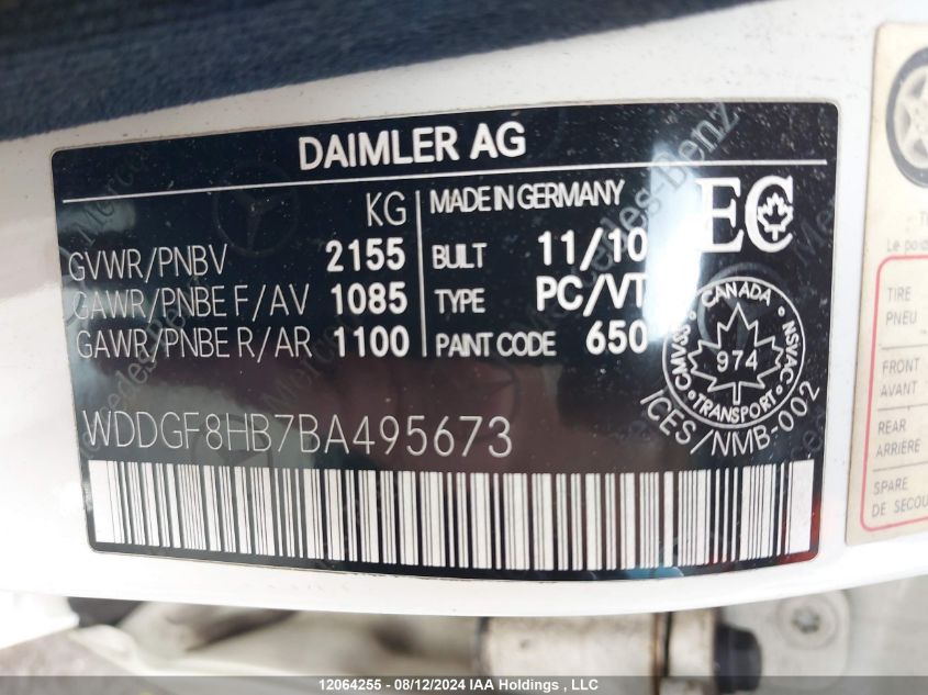 2011 Mercedes-Benz C-Class VIN: WDDGF8HB7BA495673 Lot: 12064255