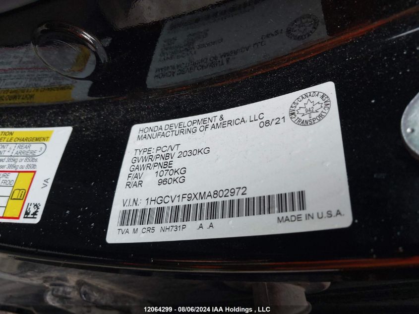 1HGCV1F9XMA802972 2021 Honda Accord Sedan