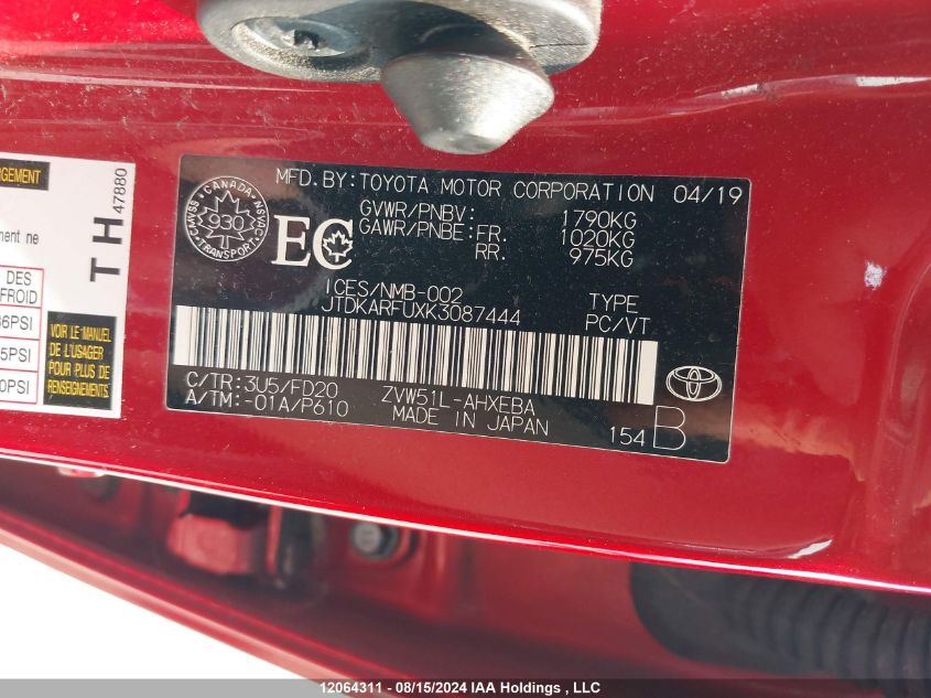 2019 Toyota Prius VIN: JTDKARFUXK3087444 Lot: 12064311