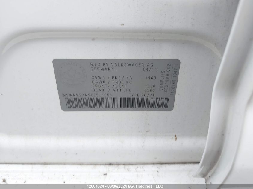 2012 Volkswagen Passat Cc VIN: WVWNN9AN9CE511851 Lot: 12064324