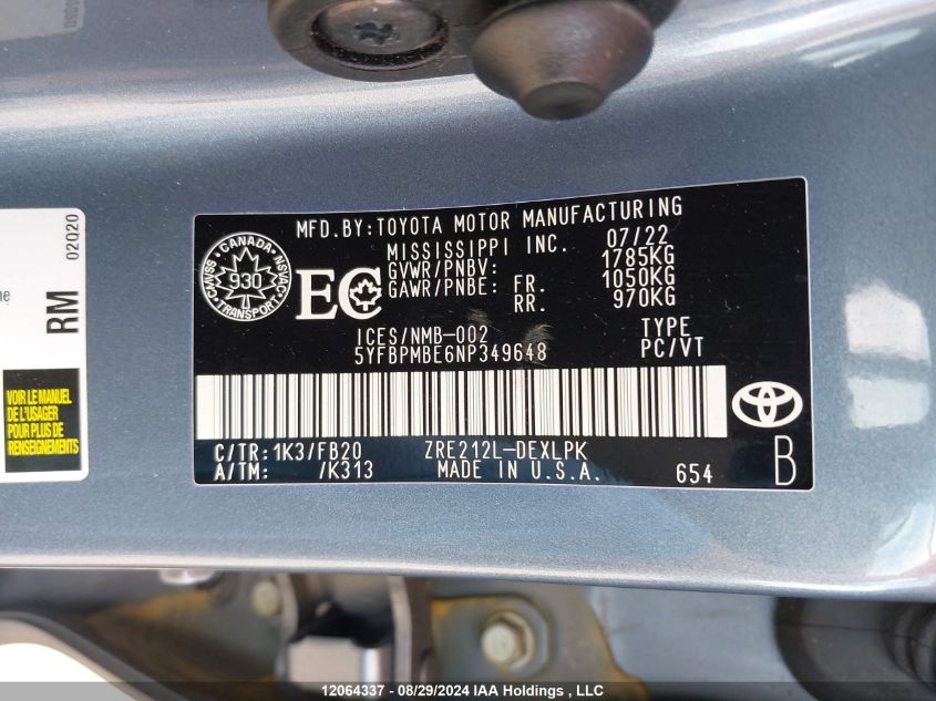 5YFBPMBE6NP349648 2022 Toyota Corolla Le