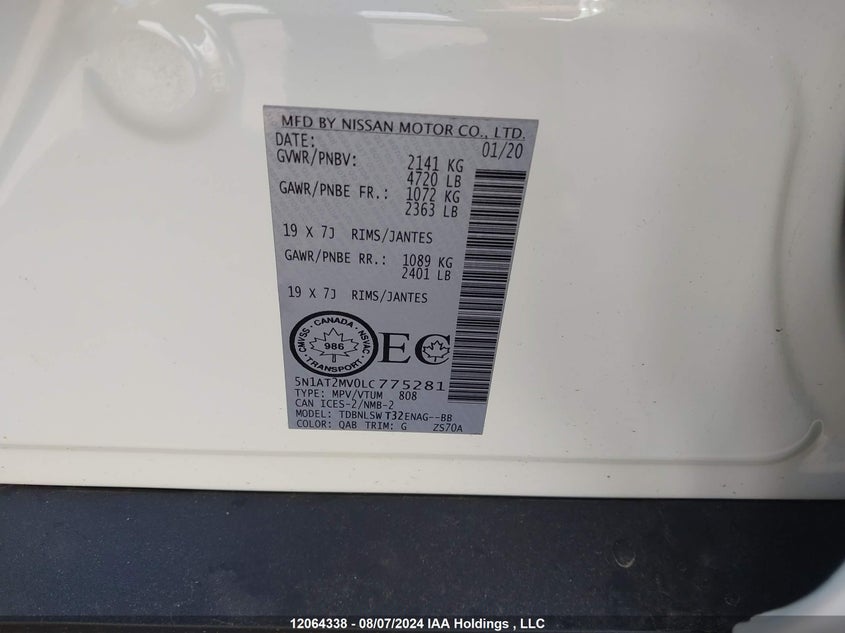 2020 Nissan Rogue VIN: 5N1AT2MV0LC775281 Lot: 12064338