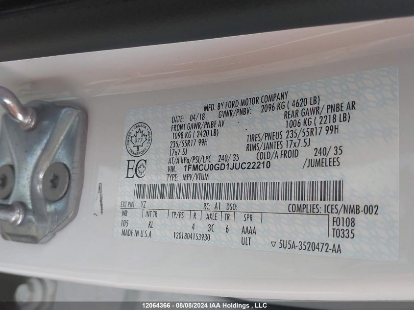 2018 Ford Escape Se VIN: 1FMCU0GD1JUC22210 Lot: 12064366