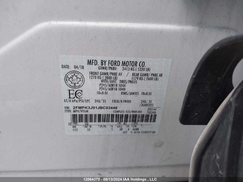 2018 Ford Edge Sel VIN: 2FMPK3J91JBC03448 Lot: 12064370