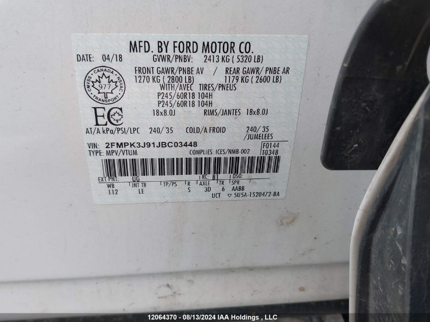2018 Ford Edge Sel VIN: 2FMPK3J91JBC03448 Lot: 12064370