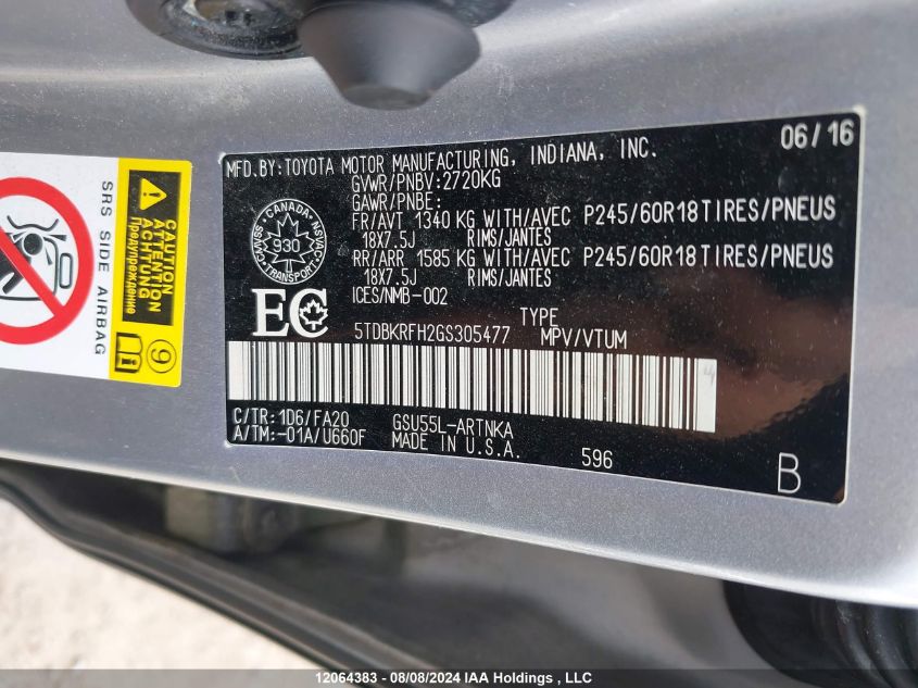 2016 Toyota Highlander VIN: 5TDBKRFH2GS305477 Lot: 12064383