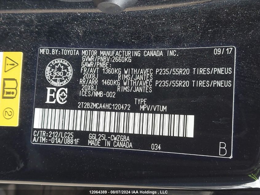 2017 Lexus Rx 350 VIN: 2T2BZMCA4HC120472 Lot: 12064389