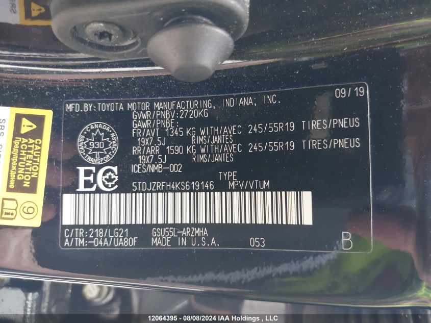 2019 Toyota Highlander VIN: 5TDJZRFH4KS619146 Lot: 12064395