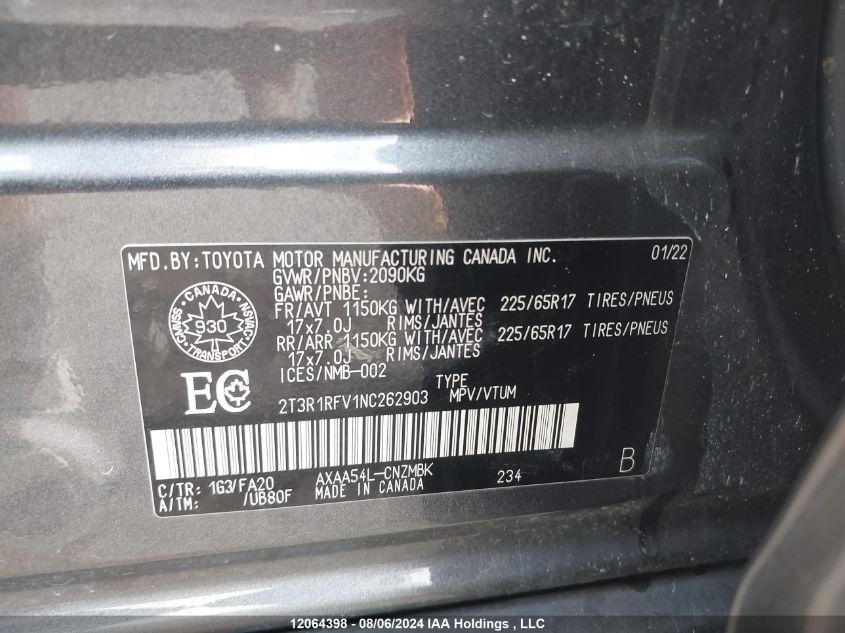 2022 Toyota Rav4 Xle/Xle Premium VIN: 2T3R1RFV1NC262903 Lot: 12064398