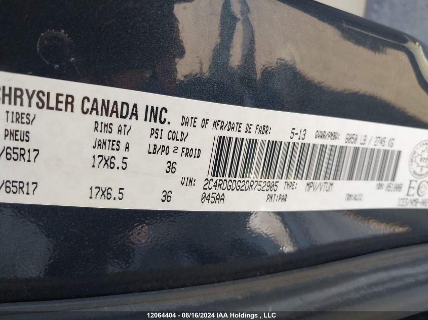 2013 Dodge Grand Caravan Crew VIN: 2C4RDGDG2DR752905 Lot: 12064404