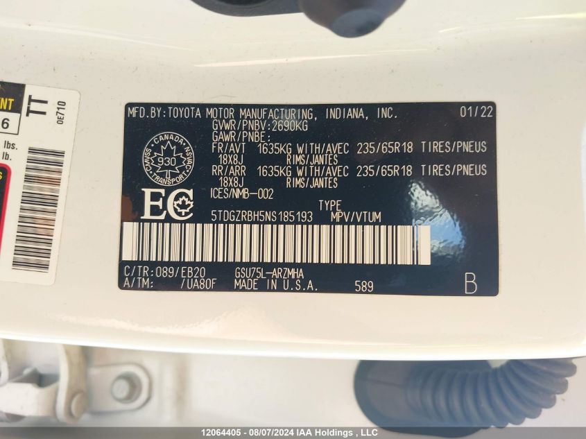 2022 Toyota Highlander Xle VIN: 5TDGZRBH5NS185193 Lot: 12064405
