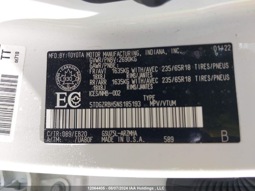 2022 Toyota Highlander Xle VIN: 5TDGZRBH5NS185193 Lot: 12064405