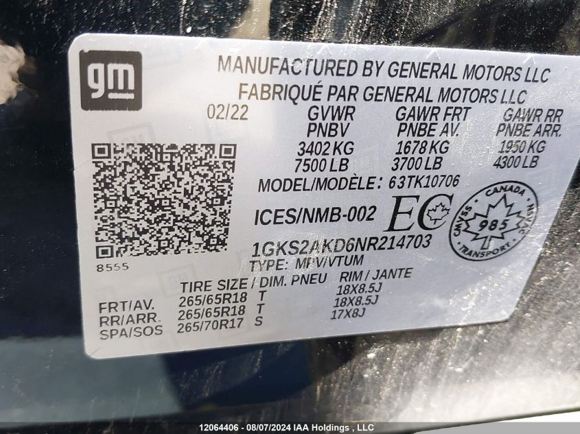 2022 GMC Yukon Sle VIN: 1GKS2AKD6NR214703 Lot: 12064406