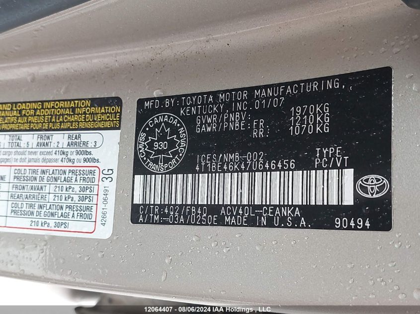 4T1BE46K47U646456 2007 Toyota Camry Ce/Le/Xle/Se