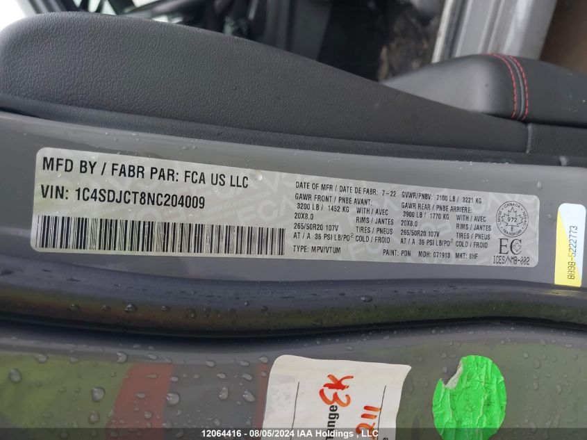 2022 Dodge Durango R/T VIN: 1C4SDJCT8NC204009 Lot: 12064416