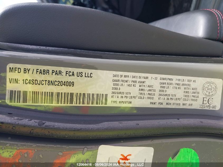 2022 Dodge Durango R/T VIN: 1C4SDJCT8NC204009 Lot: 12064416
