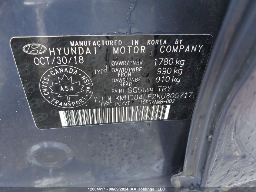 2019 Hyundai Elantra Preferred VIN: KMHD84LF2KU805717 Lot: 12064417