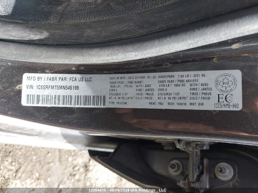 2021 Ram 1500 Big Horn/Lone Star VIN: 1C6SRFMT5MN546198 Lot: 12064418