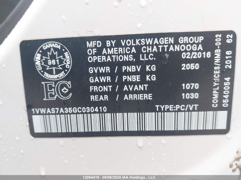 1VWAS7A35GC030410 2016 Volkswagen Passat S/R-Line