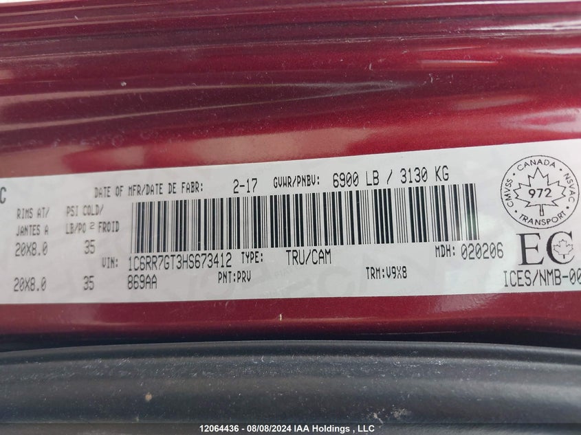 2017 Ram 1500 Slt VIN: 1C6RR7GT3HS673412 Lot: 12064436