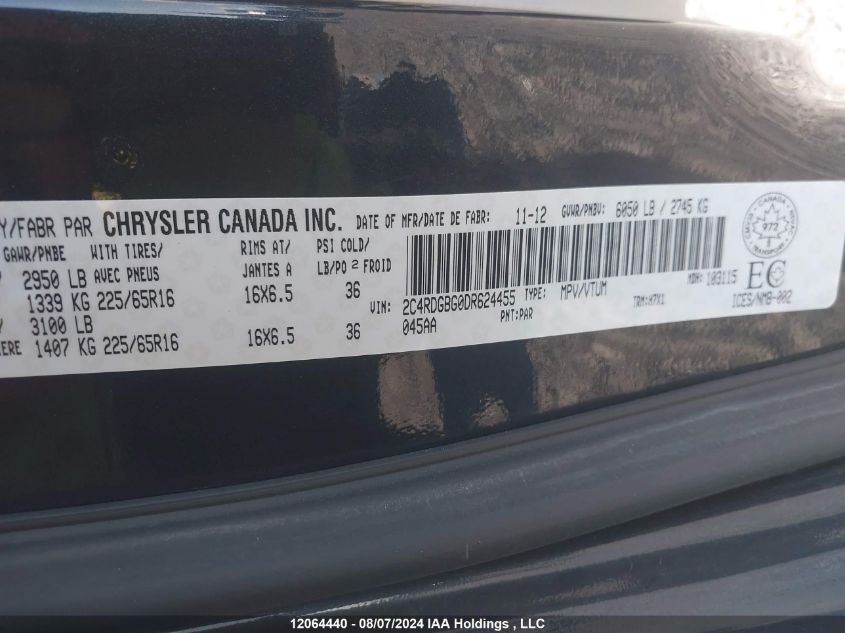 2013 Dodge Grand Caravan Se/Sxt VIN: 2C4RDGBG0DR624455 Lot: 12064440