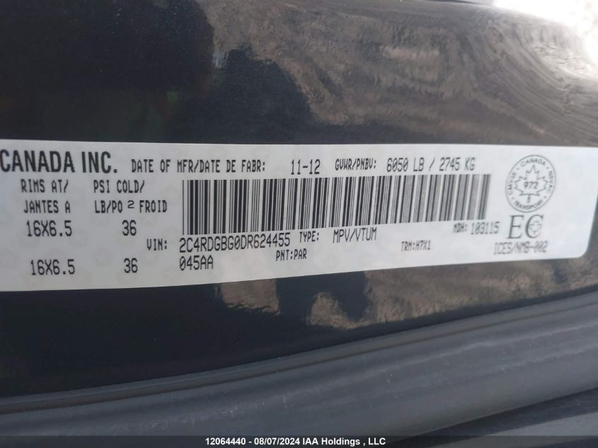 2013 Dodge Grand Caravan Se/Sxt VIN: 2C4RDGBG0DR624455 Lot: 12064440