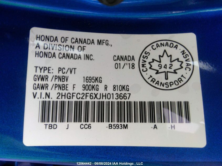 2018 Honda Civic VIN: 2HGFC2F6XJH013667 Lot: 12064442