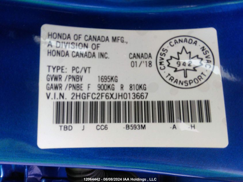 2018 Honda Civic VIN: 2HGFC2F6XJH013667 Lot: 12064442