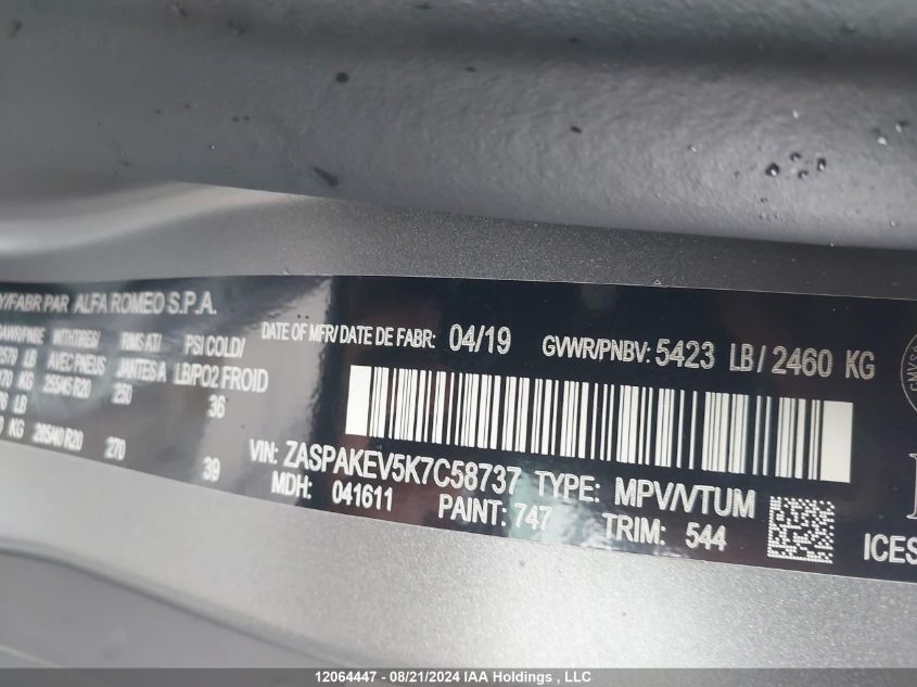 2019 Alfa Romeo Stelvio Quadrifoglio VIN: ZASPAKEV5K7C58737 Lot: 12064447