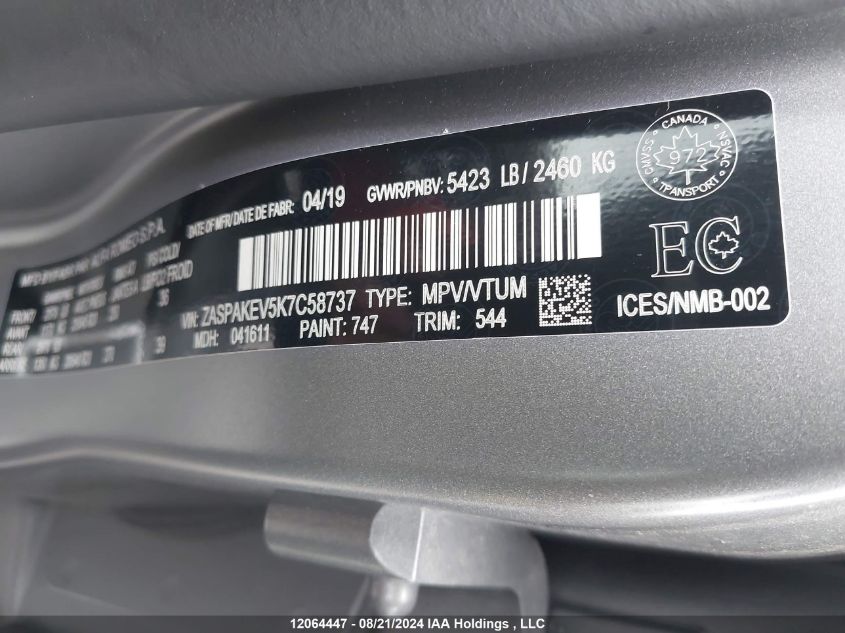 2019 Alfa Romeo Stelvio Quadrifoglio VIN: ZASPAKEV5K7C58737 Lot: 12064447