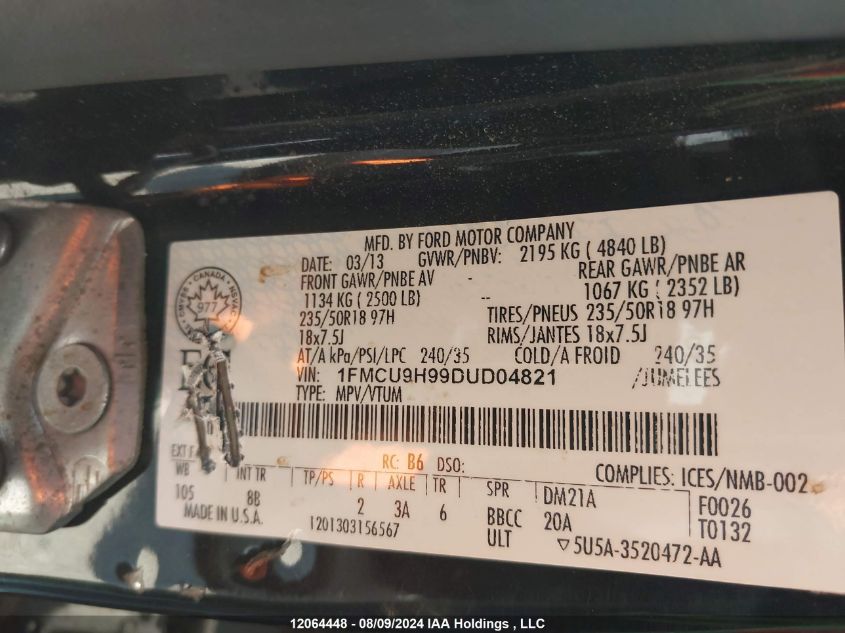 2013 Ford Escape Sel VIN: 1FMCU9H99DUD04821 Lot: 12064448