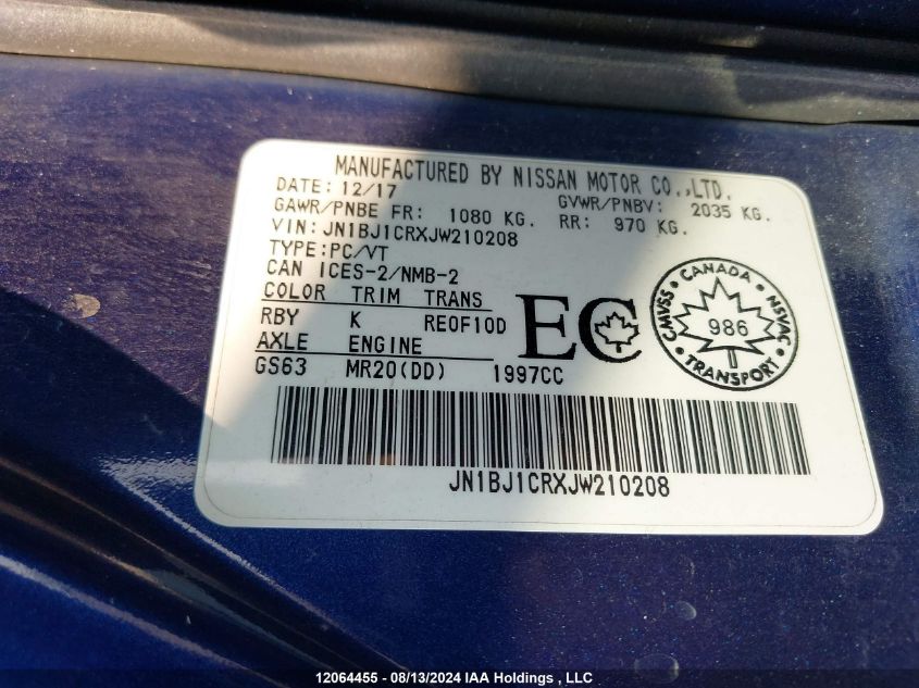 2018 Nissan Rogue Sport S/Sv/Sl VIN: JN1BJ1CRXJW210208 Lot: 12064455