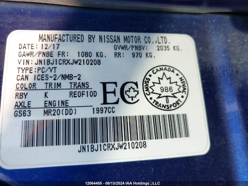 2018 Nissan Rogue Sport S/Sv/Sl VIN: JN1BJ1CRXJW210208 Lot: 12064455