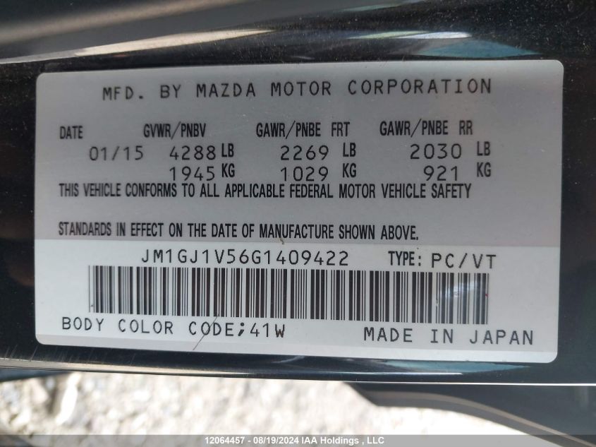 2016 Mazda Mazda6 VIN: JM1GJ1V56G1409422 Lot: 12064457