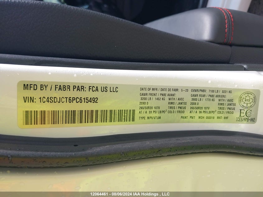 2023 Dodge Durango R/T VIN: 1C4SDJCT6PC615492 Lot: 12064461