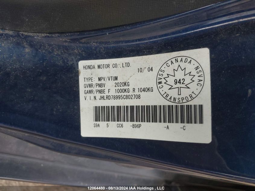 2005 Honda Cr-V VIN: JHLRD78995C802708 Lot: 12064480