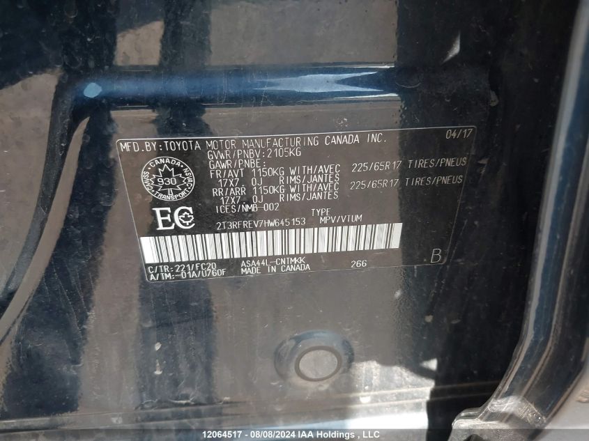 2017 Toyota Rav4 Xle VIN: 2T3RFREV7HW645153 Lot: 12064517