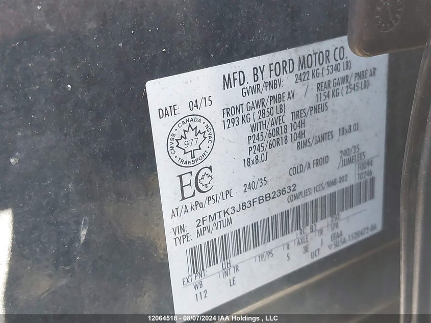 2015 Ford Edge Sel VIN: 2FMTK3J83FBB23632 Lot: 12064518