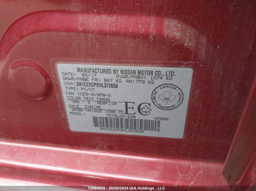 2017 Nissan Versa Note S/S Plus/Sv/Sl/Sr VIN: 3N1CE2CPXHL372658 Lot: 12064525