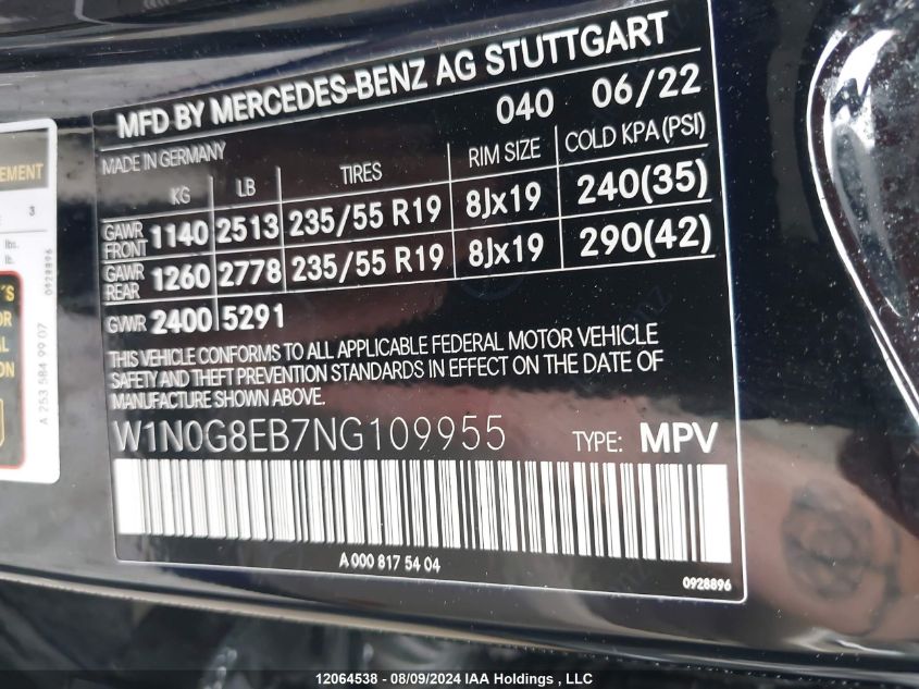 2022 Mercedes-Benz Glc 300 4Matic Suv VIN: W1N0G8EB7NG109955 Lot: 12064538