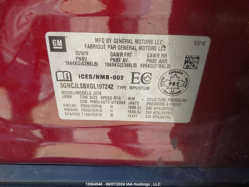 2016 Chevrolet Trax VIN: 3GNCJLSBXGL197242 Lot: 12064548