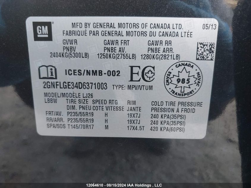 2013 Chevrolet Equinox VIN: 2GNFLGE34D6371003 Lot: 12064610