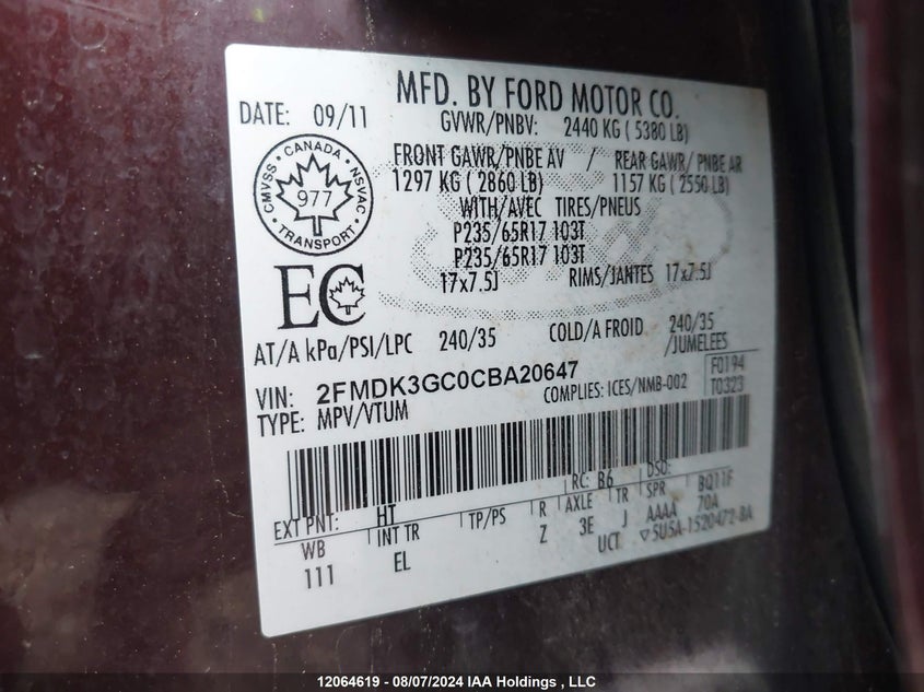 2012 Ford Edge Se VIN: 2FMDK3GC0CBA20647 Lot: 12064619