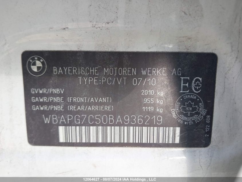 2011 BMW 3 Series VIN: WBAPG7C50BA936219 Lot: 12064627