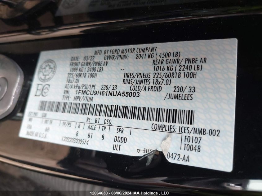 2022 Ford Escape Sel VIN: 1FMCU9H61NUA55003 Lot: 12064630